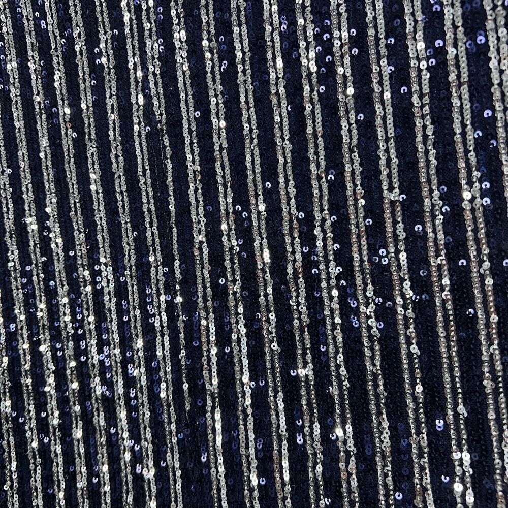 Anthropologie Flat White Dress Women Small Navy Blue Silver Sequin Striped Party - Picture 13 of 16